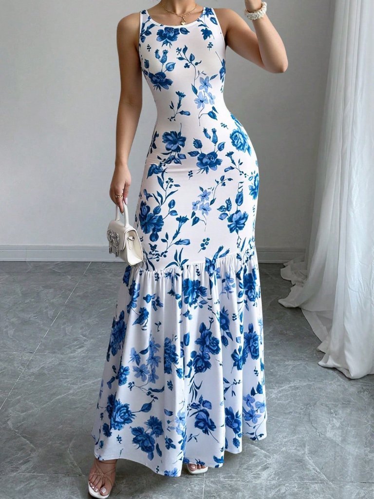 Blue And White Elegant Women's Sleeveless Floral Print Dress